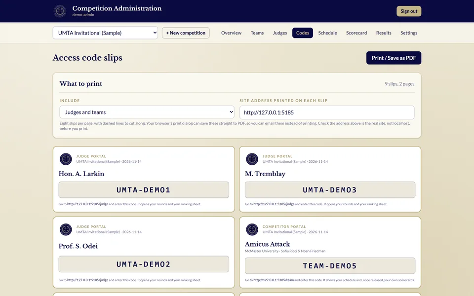 Codes tab: printable access-code slips with the association seal