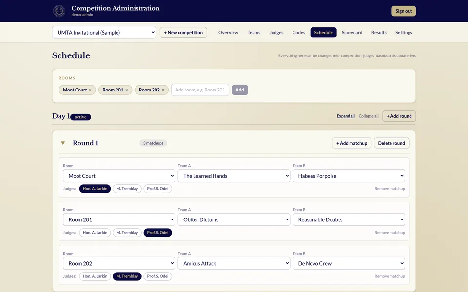 Schedule tab: rooms, rounds and matchups with judge chips