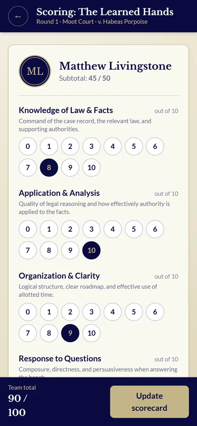 Judge scorecard on a phone: criteria with score chips and a running team total